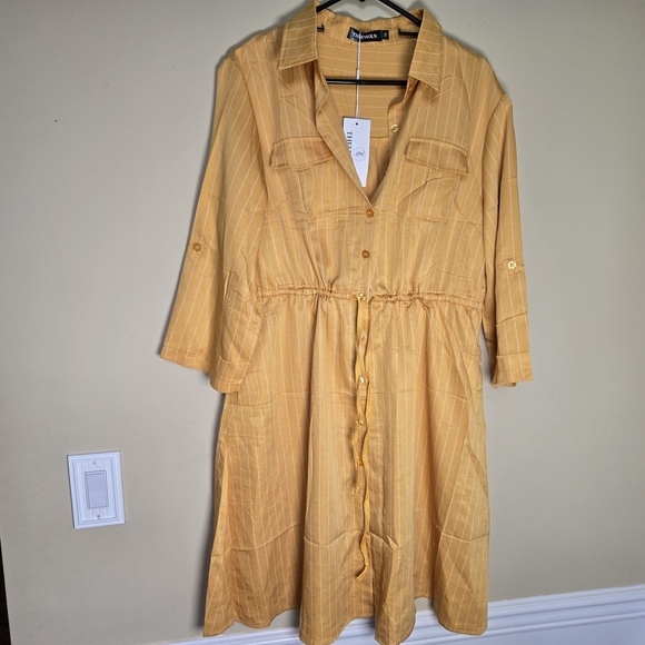 Golden Mustard 3/4 Sleeve Dress Cinch Waist Striped Midi - Picture 1 of 5